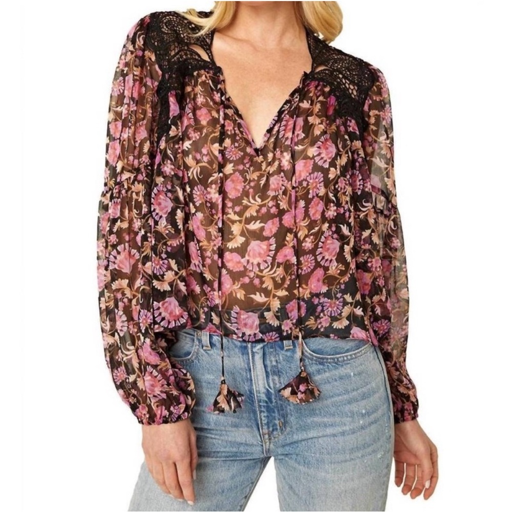 NEW MISA Rosie Burgundy Pink Chiffon Black Lace Peasant Boho Blouse Top XS
